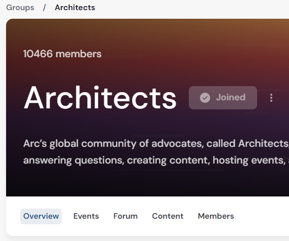 A screenshot of a Discord community called 'Architects' with 10,466 members, described as Arc's global community of advocates.