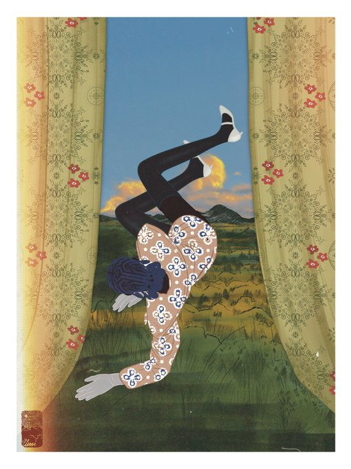 A whimsical mixed-media collage depicts a figure with dark hair and black tights doing a handstand or backflip on a green field, framed by yellow floral curtains, with a mountain landscape visible behind them.