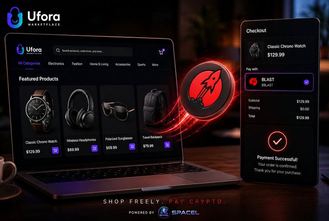The image features a laptop computer displaying a website for a marketplace called ShopFreelyPAAL Crypto. The website allows users to buy and sell products using Bitcoin, and it also offers payment options such as BLAST (blockchain transaction analysis) and P2P (peer-to-peer payments). The post promotes the use of BLAST for transactions on this marketplace, encouraging users to engage in peer-to-peer commerce.