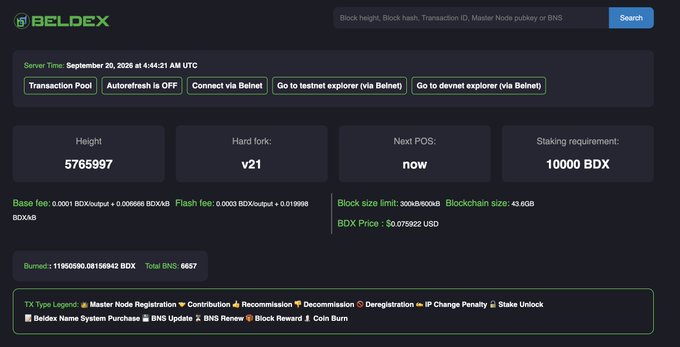 Blockchain explorer dashboard for Beldex (BDX) showing block height 5765997, hard fork v21, server time September 20, 2025, BDX price of $0.075922 USD, and a TX type legend.