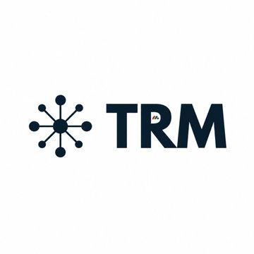 The image displays the TRM Labs logo, featuring a dark blue molecular or network-style icon beside the letters "TRM" in bold navy typography, which corresponds to the blockchain analytics firm mentioned in the accompanying post about TRM Labs raising follow-on funding at a $2 billion valuation.
