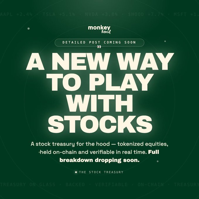 A green promotional graphic from MonkeyHood announces "A NEW WAY TO PLAY WITH STOCKS," teasing a tokenized stock treasury with on-chain, verifiable equities, noting a "Detailed Post Coming Soon." The top ticker shows AAPL +2.4%, TSLA +5.1%, NVDA +3.8%, and HOOD +7.7%, reinforcing the post's mention of Robinhood Chain and the project's stock-focused vision.