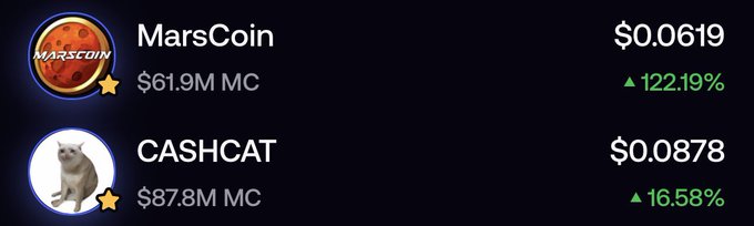 The image displays two cryptocurrency listings: MarsCoin (MARS) at $0.0619 with a $61.9M market cap and a 122.19% gain, alongside CASHCAT at $0.0878 with an $87.8M market cap and a 16.58% increase, illustrating the "barbell" portfolio strategy of pairing high-momentum and established meme coins.