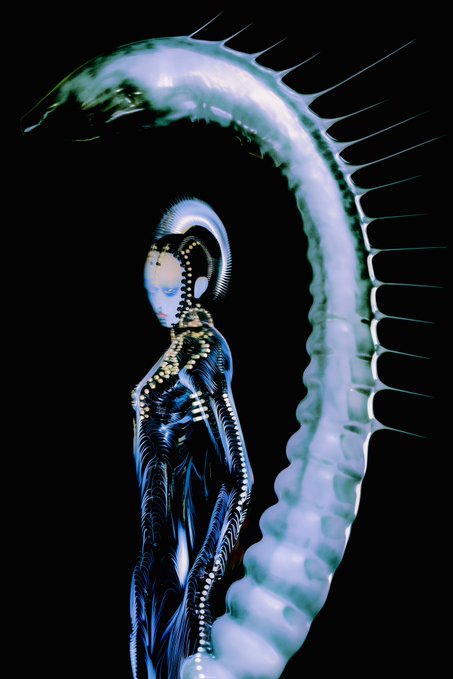 A glossy, biomechanical figure stands against a black background, with a large curved spine-like structure and tentacle arching over its head.
