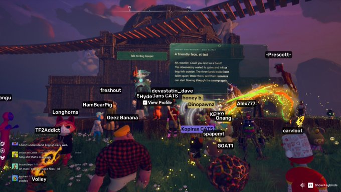 Screenshot from a gaming livestream showing multiple players gathered around a quest keeper in a wooden structure, with usernames like 'Kopirax CATS', 'GOAT1', and 'freshout' displayed above characters in a fantasy environment.