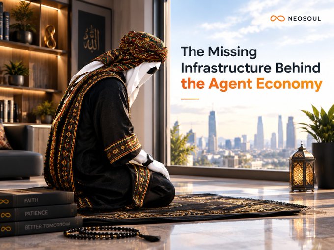 A promotional graphic titled 'The Missing Infrastructure Behind the Agent Economy' by NEOSOUL, featuring a person in traditional Arab dress kneeling on a prayer rug in a modern room overlooking a city skyline.
