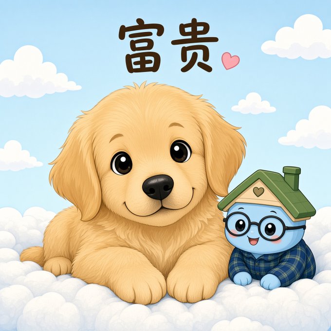 A cute cartoon golden retriever puppy rests on fluffy white clouds beside a small blue character wearing glasses and a green-roofed house-shaped hat, with the Chinese characters "富贵" (meaning "wealth and prosperity") and a pink heart displayed above them, visually representing the ancient Chinese saying "狗得富贵" (a dog attaining wealth and honor) referenced in the post by Ozzy Wang.