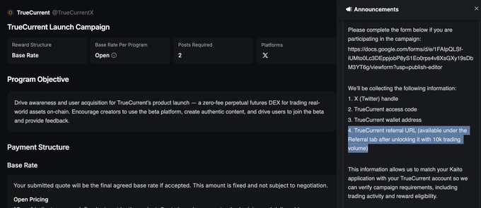 A screenshot of a TrueCurrent (@TrueCurrentX) launch campaign page detailing program objectives for a zero-fee perpetual futures DEX, with highlighted text noting 'TrueCurrent referral URL (available under the Referral tab after unlocking it with 10k trading volume)'.