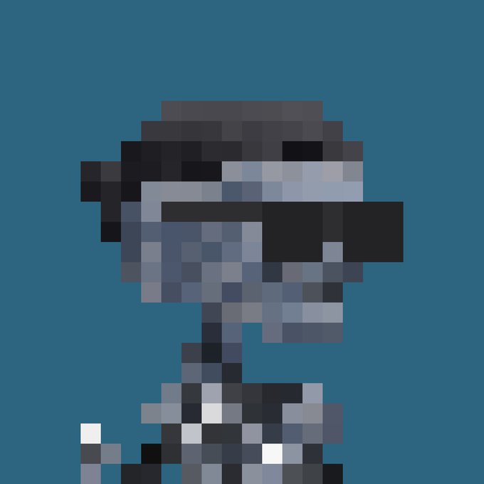 A heavily pixelated, blue-toned character sprite with dark sunglasses is shown against a blue background.