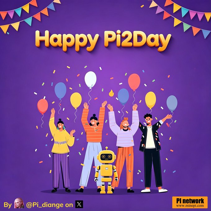 A festive purple "Happy Pi2Day" illustration features four cartoon characters celebrating with colorful balloons, confetti, and bunting, accompanied by a small yellow robot. The image is branded with "PI network" and "www.minepi.com" in the corner, crediting "@Pi_djange on X" as the creator—visually capturing the playful, community-driven spirit of Pi2Day for Pi Network pioneers.