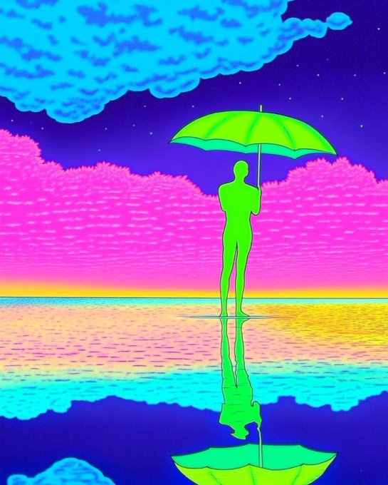 A neon vaporwave-style digital art piece shows a green silhouette of a man holding an umbrella, standing on reflective water beneath a bright blue cloud and a starry purple sky with a pink horizon.
