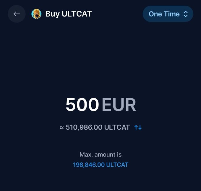 Cryptocurrency exchange screen showing 'Buy ULTCAT' with a purchase amount of 500 EUR (approximately 510,986.00 ULTCAT), with a maximum amount of 198,846.00 ULTCAT displayed.