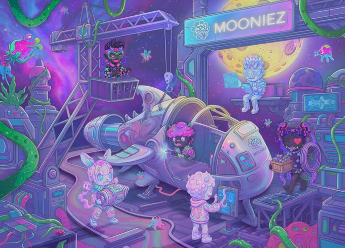 A vibrant, surreal digital illustration depicting astronauts, robots, and a UFO in a purple space-themed industrial scene with the text 'MOONIEZ' on a sign.