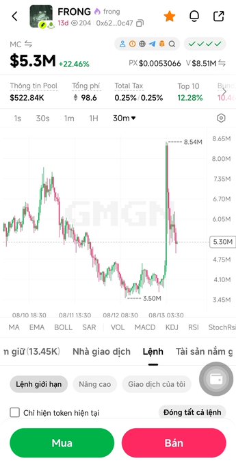 A cryptocurrency trading app interface shows the token 'FRONG' with a market cap of $5.3M, up 22.46%, displaying a 30-minute candlestick chart with green and red price movements.