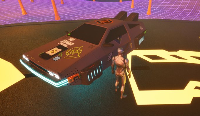 A 3D video game screenshot showing a futuristic car with neon lights and decals, with an astronaut figure standing beside it on a textured surface with purple grid patterns in the background.