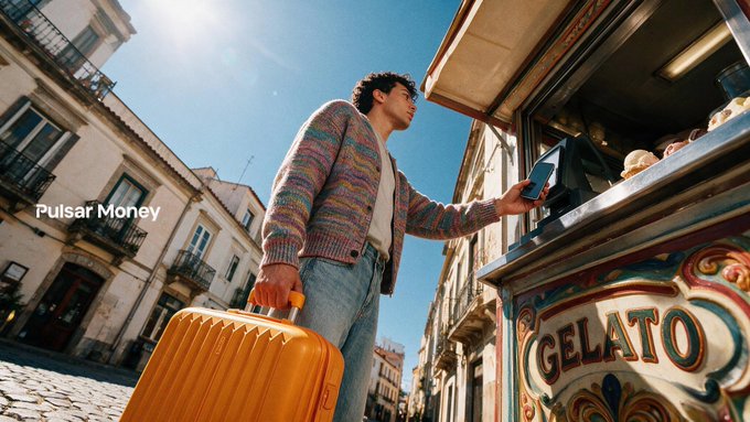 A promotional image shows a man in a colorful striped cardigan holding an orange suitcase while purchasing gelato from a cart on a sunny European street, with 'Pulsar Money' text in the corner.