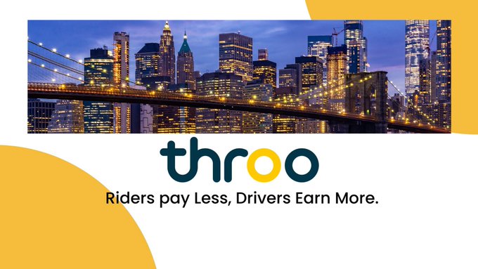 The image showcases the Throo app logo set against a scenic evening view of the NYC skyline with the illuminated Brooklyn Bridge in the foreground. Below the logo, the tagline reads "Riders pay Less, Drivers Earn More," which directly aligns with the post's message about Throo's NYC launch, where drivers keep 100% of fares beyond a small fee and riders benefit from affordable, surge-free trips across the city.