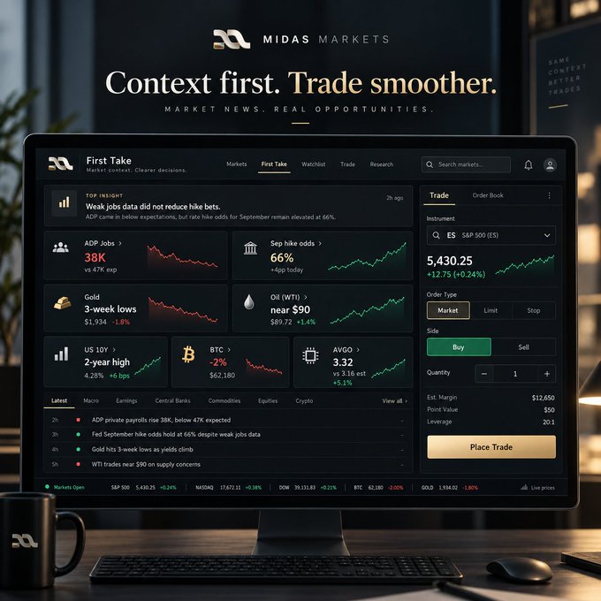 Midas Markets trading platform screenshot with the tagline 'Context first. Trade smoother' showing market insights, charts for ES, Gold, Oil, and BTC, and a trade execution panel.