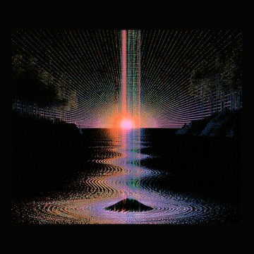 A digital artwork depicting a bright sun-like light source over rippling water, with colorful lines radiating outward against a dark background.