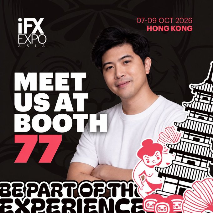 Promotional graphic for iFX Expo Asia in Hong Kong (07-09 Oct 2026) featuring a man and inviting attendees to 'Meet Us at Booth 77'.