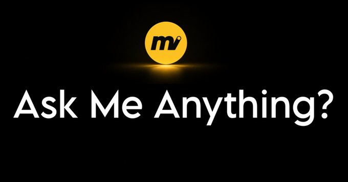 A minimalist black background graphic with a yellow circular logo containing 'm' and the white text 'Ask Me Anything?' below it.