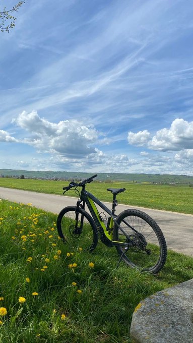 A black and neon green mountain bike parked on the grass beside a country road, with a scenic view of green fields and a blue cloudy sky in the background.
