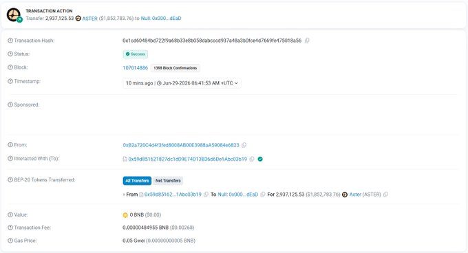 The image shows a BscScan transaction details page confirming a transfer of 2,937,125.53 $ASTER (worth $1,852,783.76) from address 0x9b85...f623 to a null address (0x000...dEaD), effectively burning the tokens. The transaction is marked as "Success" with 13M block confirmations, showing a small gas fee of 0.0000484955 BNB, which aligns with the post's claim that the Aster team burned 2.937M $ASTER.