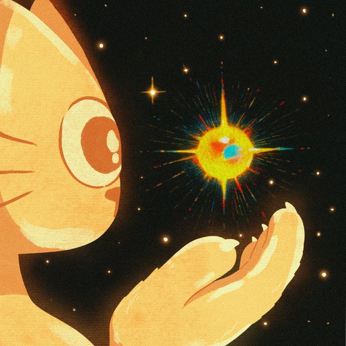 An illustration of a cartoon cat with a large eye gazing in awe at a glowing, colorful starburst in a dark, starry sky, with its paw extended toward the celestial object.