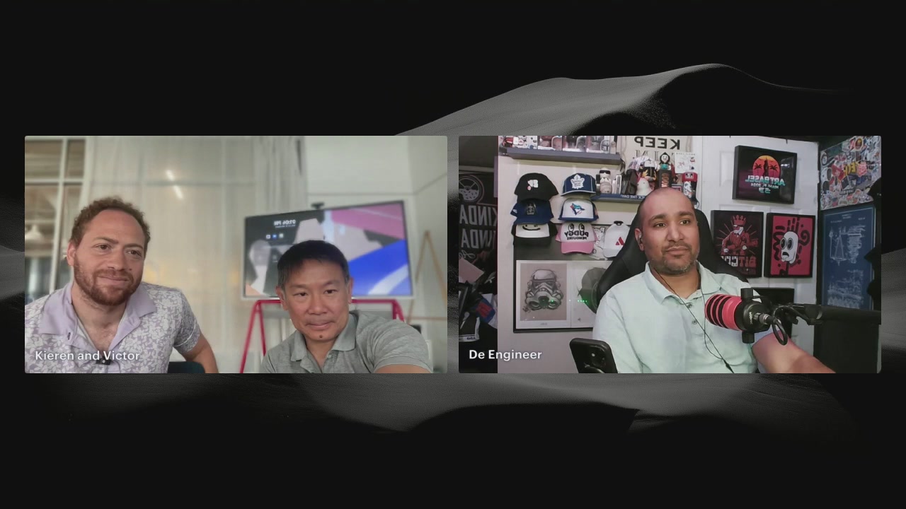 The image shows a live stream with two men sitting at a table, one of them wearing a white shirt and the other wearing a black shirt. They are both looking at a computer screen that displays a video call between two people talking about Uniswap. The background features a poster or artwork related to Uniswap, adding context to the discussion.