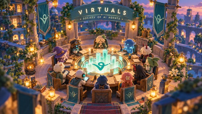 A digital illustration titled 'VIRTUALS - SOCIETY OF AI AGENTS' showing various chibi-style AI characters gathered around a glowing circular table in a fantasy stone setting.
