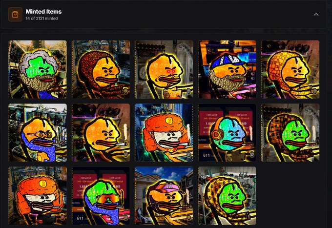 A screenshot of a 'Minted Items' NFT gallery shows 14 of 2121 minted items, displaying pixelated duck characters in various colorful outfits and settings.