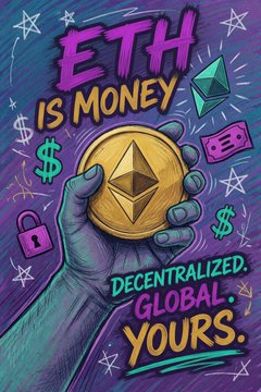 A vibrant illustration features a hand holding a large golden Ethereum coin surrounded by dollar signs, banknotes, and a padlock, with the text "ETH IS MONEY" and "DECENTRALIZED. GLOBAL. YOURS." prominently displayed. The artwork reinforces the post's message by visually framing Ethereum as legitimate, secure, and accessible money during the 2020-2021 bull run driven by pandemic-era monetary policy and onchain economic growth.