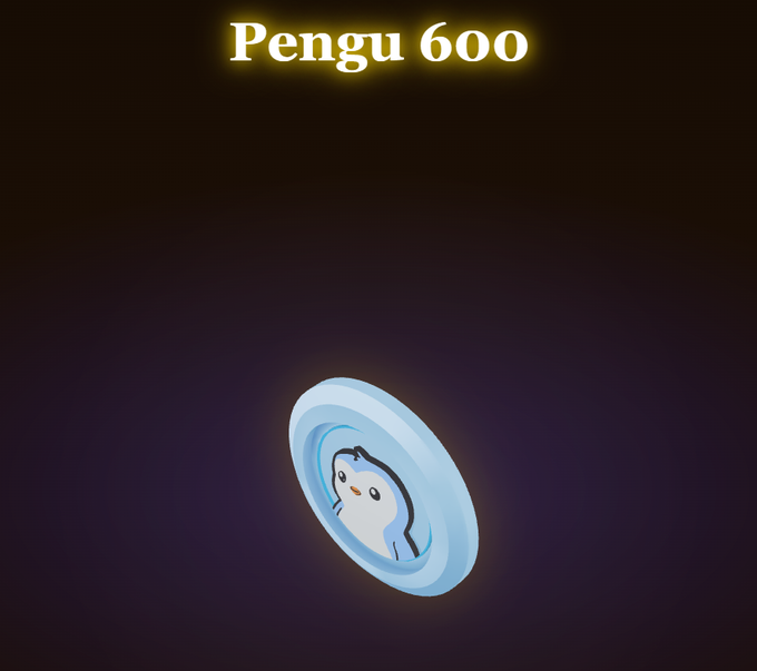 A dark screen displaying the text 'Pengu 600' at the top, with a small cartoon penguin inside a blue circular coin/portal in the center.