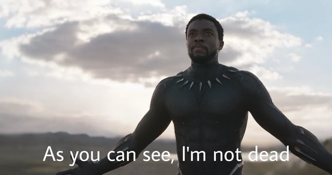 Black Panther (T'Challa) with arms outstretched, captioned 'As you can see, I'm not dead' against a cloudy sky background.