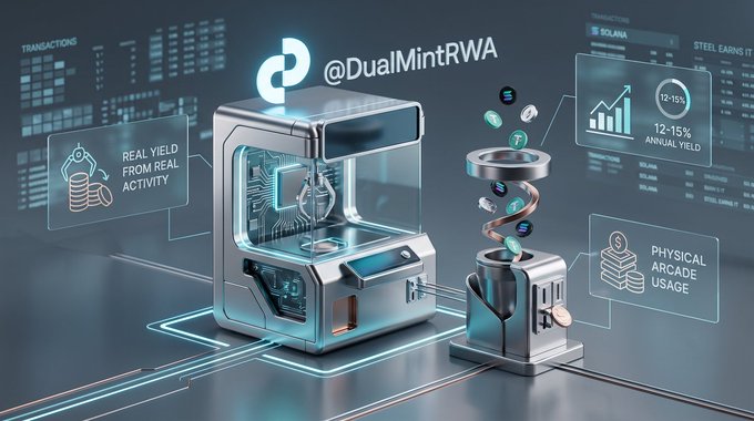 A 3D tech illustration showing a chrome machine labeled '@DualMintRWA' connected to a slot dispensing tokens, with floating screens displaying 'REAL YIELD FROM REAL ACTIVITY', '12-15% ANNUAL YIELD', and 'PHYSICAL ARCADE USAGE'.