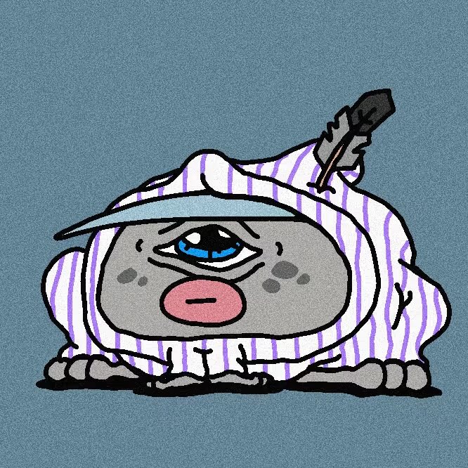 A cartoon illustration depicts a small, round, one-eyed monster-like creature wrapped in striped bandages with a knife stuck in its back, set against a blue background.