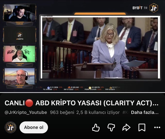 A live YouTube broadcast from @JrKripto_Youtube titled "CANLI ABD KRİPTO YASASI (CLARITY ACT)..." features footage of a woman with blonde glasses, likely a U.S. politician, speaking at a podium in what appears to be a congressional chamber, accompanied by co-hosts Furkan, Umut, and Erkan in the side panels discussing the historic U.S. Senate crypto voting taking place.