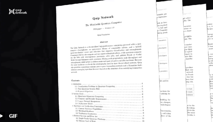A document titled 'Quip Network: The Worldwide Quantum Computer' with visible text including 'Whitepaper - Version 1.0' and a Table of Contents.