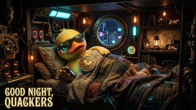 A pixelated duck character wearing sunglasses sleeps peacefully in a steampunk-style cabin with glowing lights, gears, and a porthole view of a futuristic cityscape, with the text "GOOD NIGHT QUACKERS" displayed in the bottom left corner. The image accompanies a post about crypto security and MEV bots, where the sleeping duck represents oblivious investors whose assets are vulnerable while they "dream of the moon."