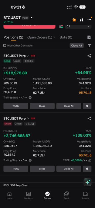 The image shows a phone screen with a detailed view of an investment app for bitcoin trading. It displays various stock information and price details. The text says "Position update, nothing changed. 48k on the way $btc". This suggests that the user has recently invested in bitcoin or is currently monitoring its performance. The focus should be on how these numbers are related to the position updates shown on the screen.