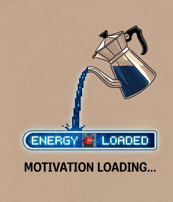 A motivational poster depicting a coffee pot pouring pixels that form the words 'ENERGY LOADED,' with 'MOTIVATION LOADING...' text below.