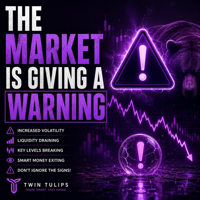 A financial warning graphic titled "THE MARKET IS GIVING A WARNING" features a bear, a lightning-bolt warning sign, and a descending chart line, listing concerns like "INCREASED VOLATILITY," "LIQUIDITY DRAINING," and "SMART MONEY EXITING," branded with "TWIN TULIPS - TRADE SMART. STAY AHEAD."