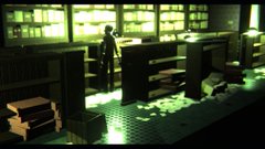 A pixelated, low-resolution scene of a figure standing in a dimly lit library or office with shelves and desks.
