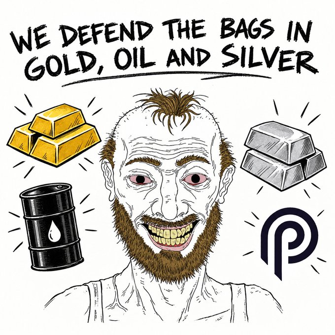 A cartoon illustration of a wild-eyed, bearded man with a mustache flanked by gold bars, an oil barrel, silver bars, and a 'P' logo, with the headline 'WE DEFEND THE BAGS IN GOLD, OIL AND SILVER.'