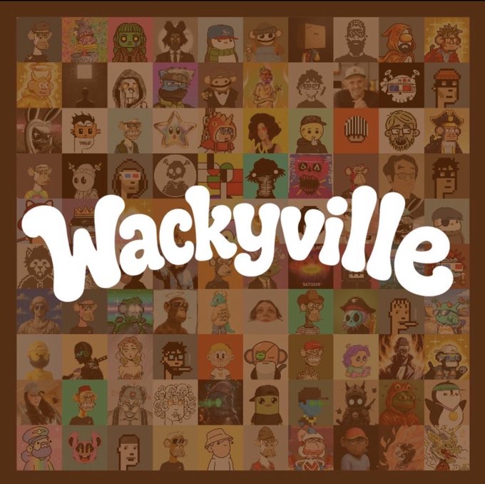 The word "Wackyville" displayed in white bubble text over a grid mosaic of numerous cartoon NFT avatars and characters.