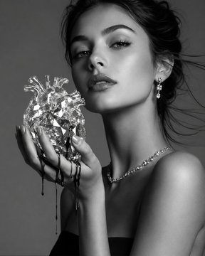 A black-and-white portrait of a woman holding a crumpled metallic object, wearing a diamond necklace and earrings.