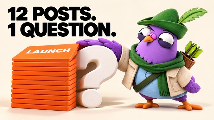 A 3D-rendered purple bird wearing a green Robin Hood-style hat and scarf leans against a stack of orange books labeled 'LAUNCH' next to a large 3D question mark, under the text '12 POSTS. 1 QUESTION.'