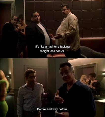 The image shows two scenes from the 2010 film "The Hangover," featuring characters making jokes about weight, with subtitles reading "It's like an ad for a fucking weight loss center" and "Before and way before." The post's reference to surviving 2013-2017 humorously mirrors the film's theme of looking different "before and after" a wild night out, joking that only five people emerged intact from those years.