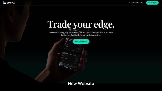 A dark-themed website screenshot for SmartX with the headline 'Trade your edge,' promoting a social trading app for meme and prediction markets, featuring a 'Join the Waitlist' button.