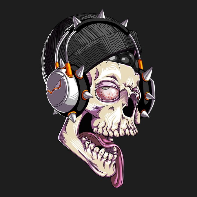 An illustrated skull wearing spiked headphones with bloodshot eyes and an extended tongue against a black background.